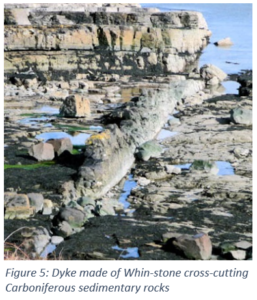 Figure 5: Dyke made of Whin-stone cross-cutting Carboniferous sedimentary rocks