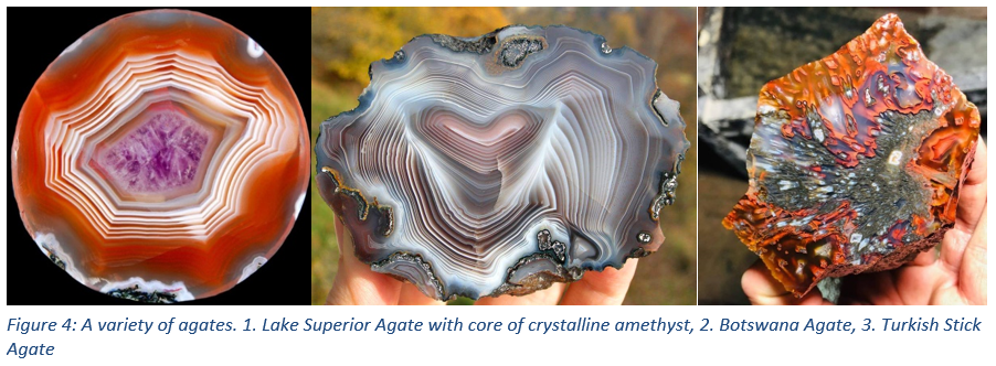 Figure 4: A variety of agates. 1. Lake Superior Agate with core of crystalline amethyst, 2. Botswana Agate, 3. Turkish Stick Agate