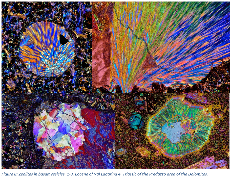 Figure 8: Zeolites in basalt vesicles. 1-3. Eocene of Val Lagarina 4. Triassic of the Predazzo area of the Dolomites.