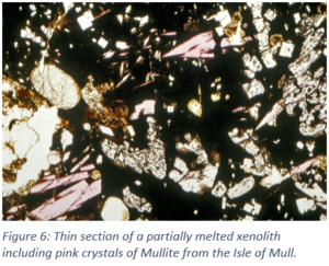 Figure 6: Thin section of a partially melted xenolith including pink crystals of Mullite from the Isle of Mull.