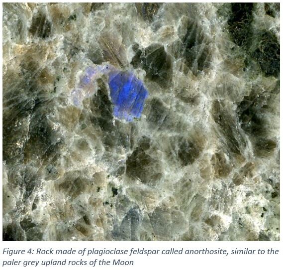 Figure 4: Rock made of plagioclase feldspar called anorthosite, similar to the paler grey upland rocks of the Moon