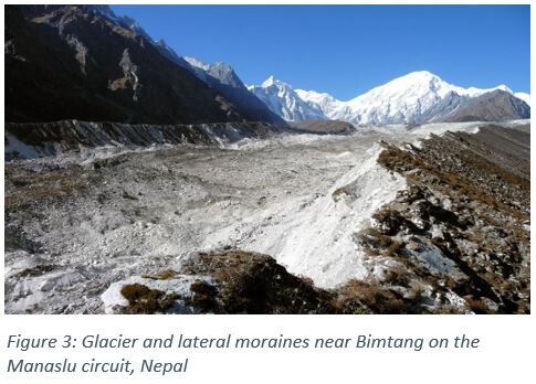 Figure 3: Glacier and lateral moraines near Bimtang on the Manaslu circuit, Nepal