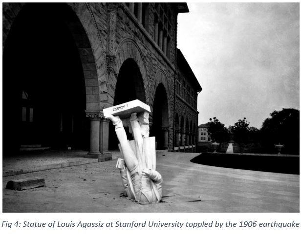 Fig 4: Statue of Louis Agassiz at Stanford University toppled by the 1906 earthquake