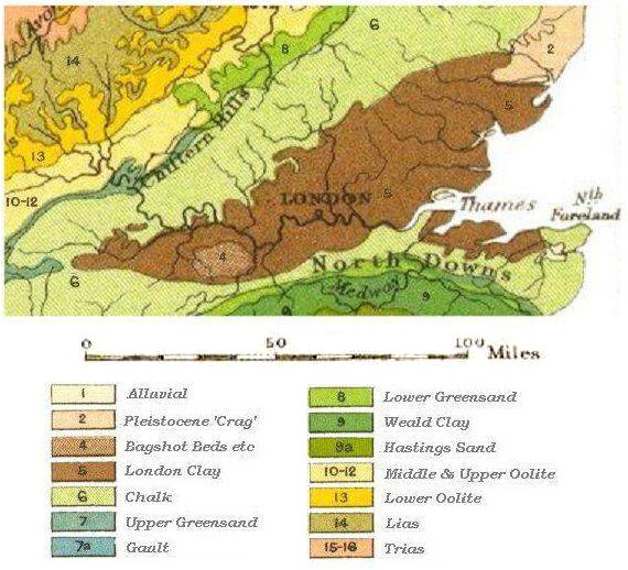 Geological map of the London basin with the browns of London Clay of the Eocene, overlying the chalk of the Cretaceous