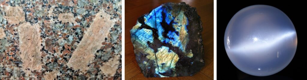Three images of stones, from left to right: Mystery rock 21 a polished sample of Shap Granite with alkali feldspar megacrysts, labradorite and moonstone