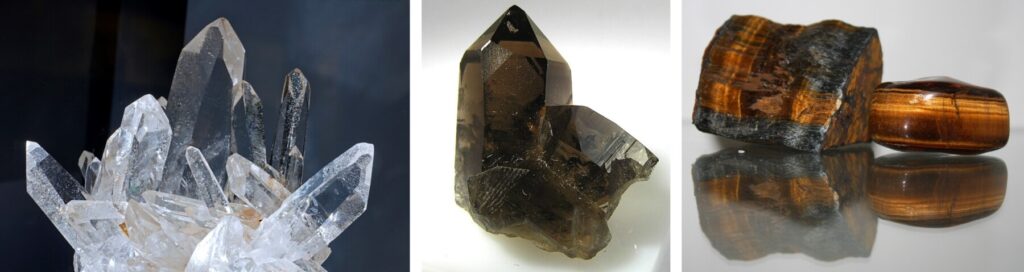 3 images of crystals, from left to right: Clear quartz, smoky quartz and Tiger's Eye